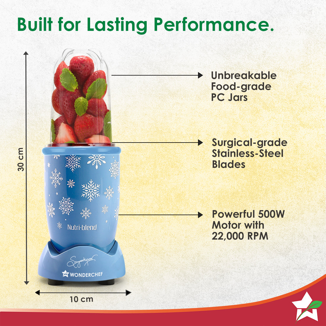 Wonderchef Nutri-blend 500W Mixer Grinder, 22000 RPM Motor, Smoothie Maker, Masala Grinder, Chutney Blender, 3 Unbreakable Jars, Recipe Book by Chef Sanjeev Kapoor, 2 Yr Warranty, Blue