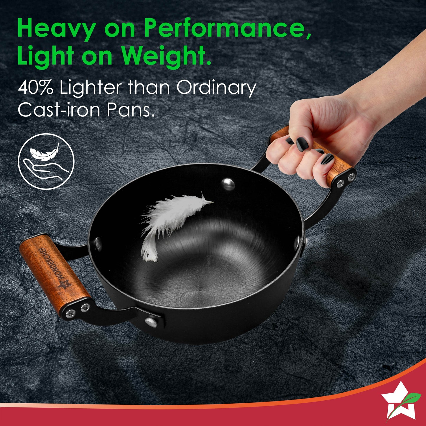 Ferro Light-weight Cast-iron Deep Kadhai, 20cm, 40% Lighter, Pre-seasoned with 100% Vegetable Oil, Non-toxic, Chemical-free, Induction-friendly, Long Cool-touch Wood Handles, 10-Yr Warranty