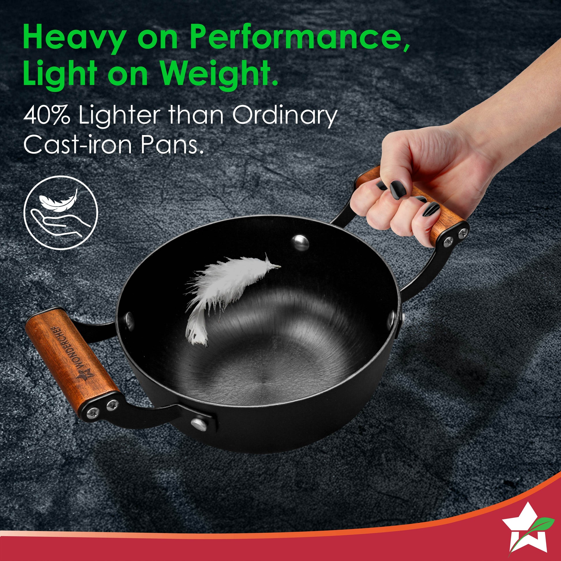 Ferro Light-weight Cast-iron Deep Kadhai, 18cm, 40% Lighter, Pre-seasoned with 100% Vegetable Oil, Non-toxic, Chemical-free, Induction-friendly, Long Cool-touch Wood Handles, 10-Yr Warranty