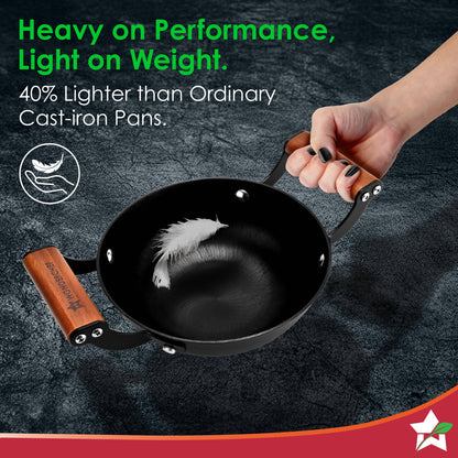 Ferro Light-weight Cast-iron Kadhai, 18cm, 40% Lighter, Pre-seasoned with 100% Vegetable Oil, Non-toxic, Chemical-free, Induction-friendly, Long Cool-touch Wood Handles, 10-Yr Warranty