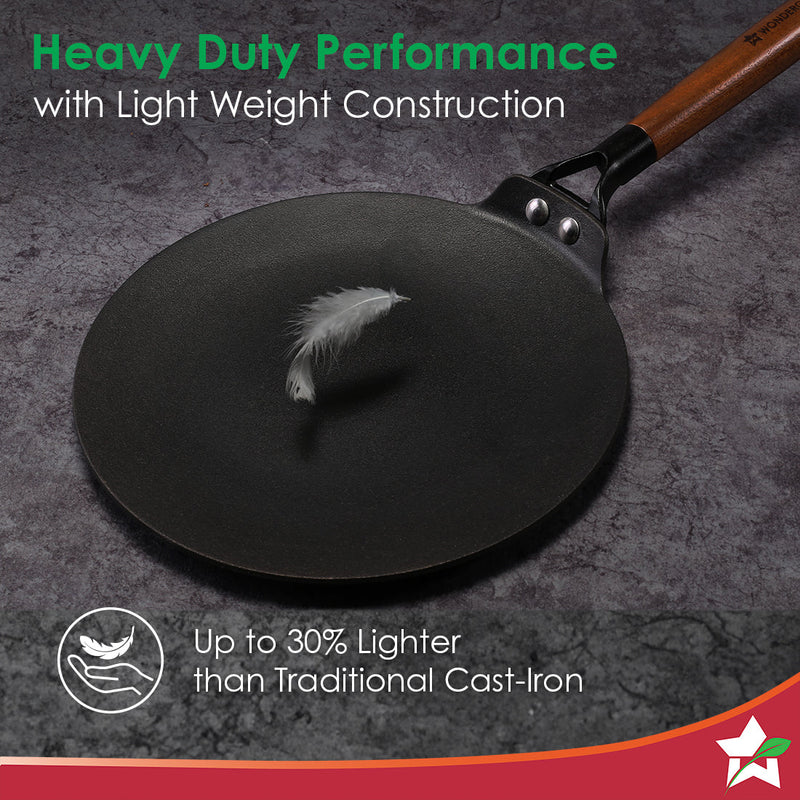 Ferro Light-weight Cast-iron Roti Tawa | 26cm | Pre-seasoned with 100% Vegetable Oil | 40% Lighter than Regular Cast-iron Cookware | Cool-touch Real Acacia Wood Handles | 10-Year Warranty