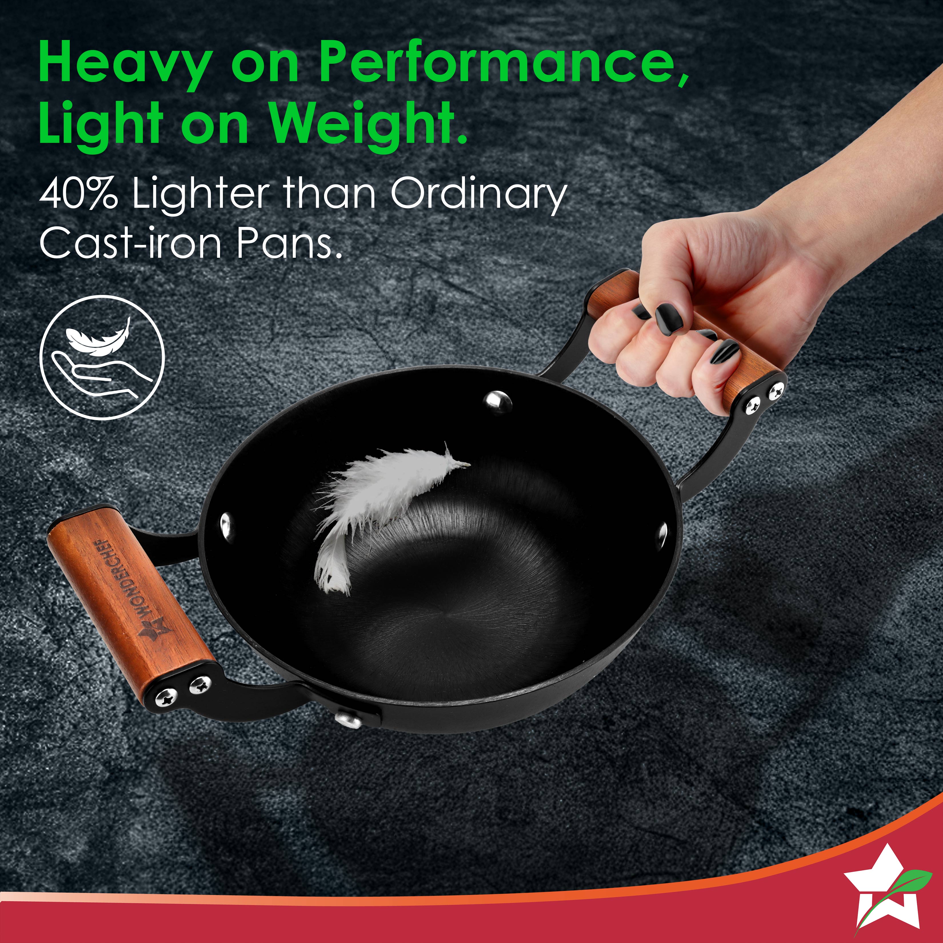 Ferro Light-weight Cast-iron Kadhai | 20cm | Pre-seasoned with 100% Vegetable Oil | 40% Lighter than Regular Cast-iron Cookware | Cool-touch Real Acacia Wood Handles | 10-Year Warranty