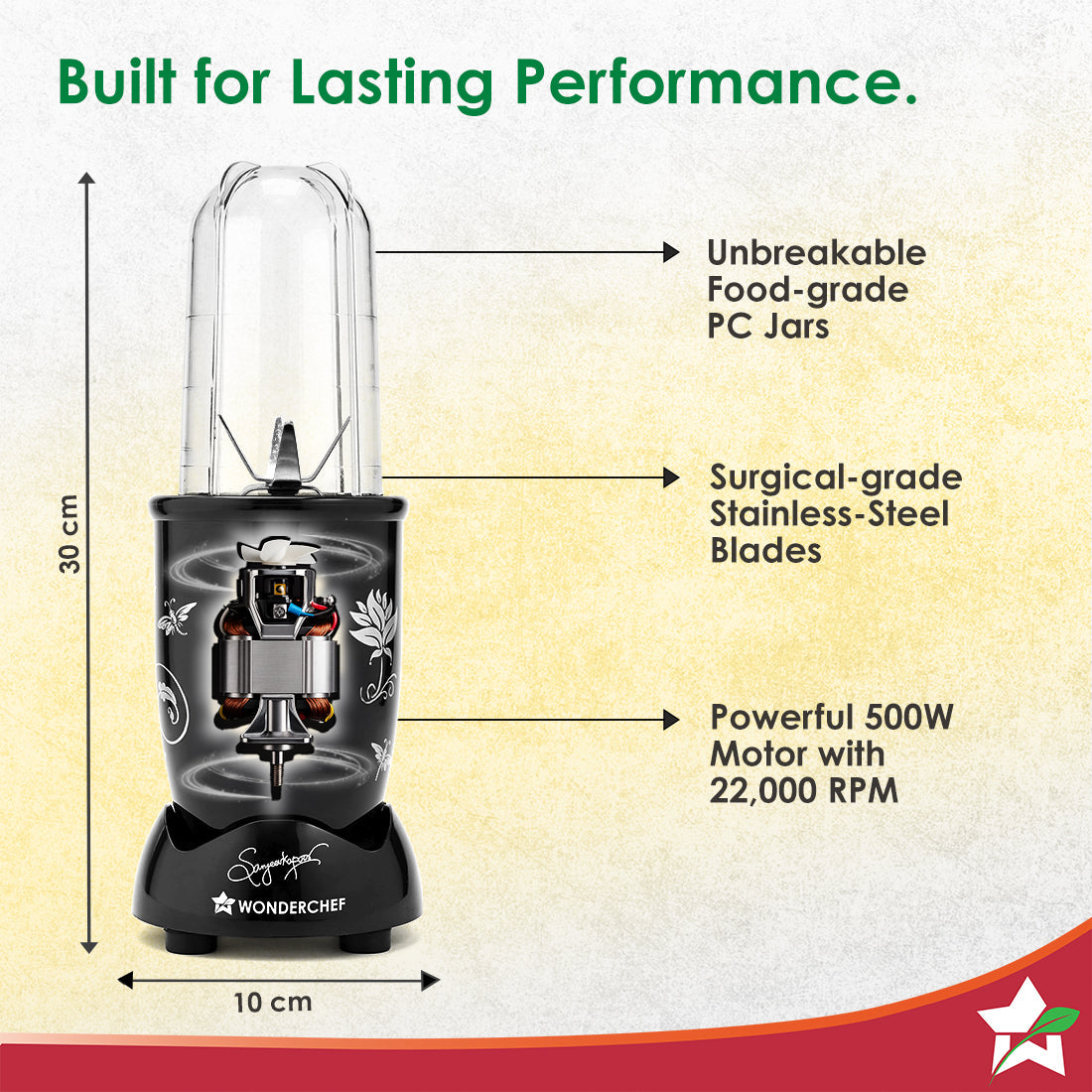 Nutri-blend 500W Mixer Grinder, 22000 RPM Motor, Smoothie Maker, Masala Grinder, Chutney Blender, 3 Unbreakable Jars & Sipper Jar, Recipe Book by Chef Sanjeev Kapoor, 2 Yr Warranty, Black