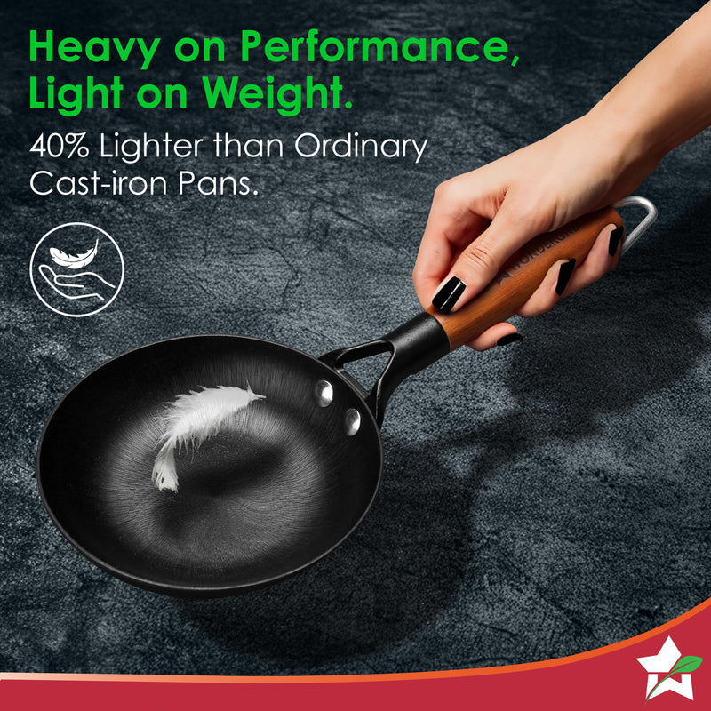 Ferro Light-weight Cast-iron Fry Pan, 16cm, 40% Lighter, Pre-seasoned with 100% Vegetable Oil, Non-toxic, Chemical-free, Induction-friendly, Long Cool-touch Wood Handles, 10-Yr Warranty