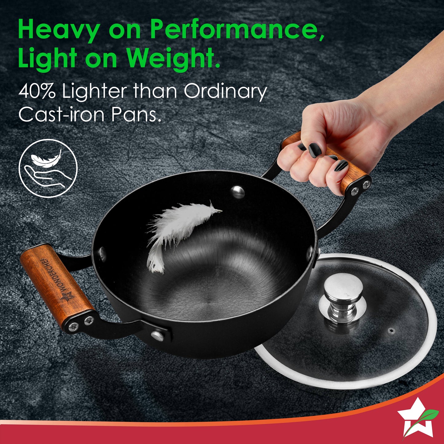 Ferro Light-weight Cast-iron Casserole & Glass Lid, 24cm, 40% Lighter, Pre-seasoned with 100% Vegetable Oil, Chemical-free, Induction-friendly, Long Cool-touch Wood Handles, 10-Yr Warranty