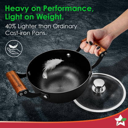 Ferro Light-weight Cast-iron Casserole & Glass Lid, 24cm, 40% Lighter, Pre-seasoned with 100% Vegetable Oil, Chemical-free, Induction-friendly, Long Cool-touch Wood Handles, 10-Yr Warranty