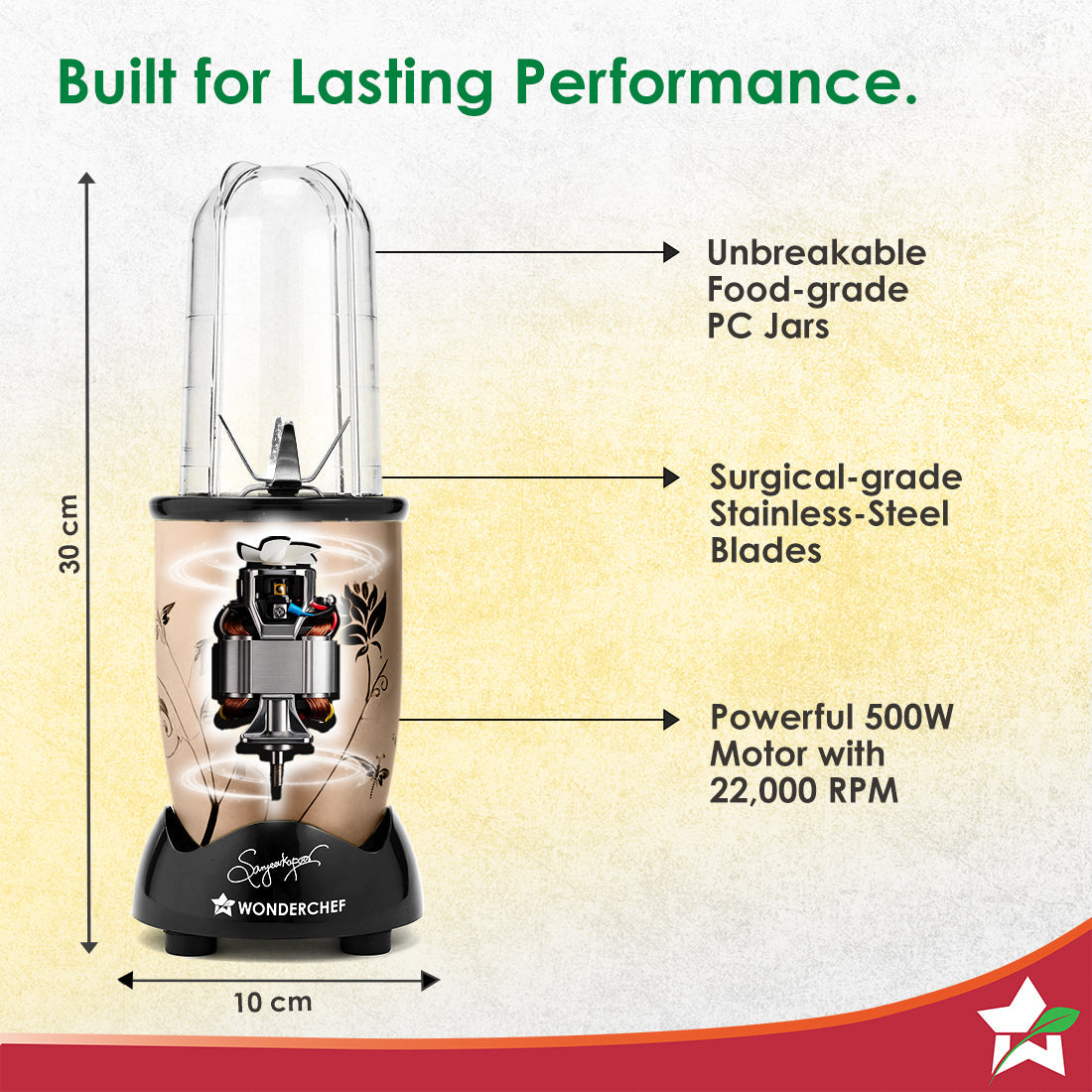 Nutri-blend 500W Mixer Grinder, 22000 RPM Motor, Smoothie Maker, Masala Grinder, Chutney Blender, 3 Unbreakable Jars & Sipper Jar, Recipe Book by Chef Sanjeev Kapoor, 2 Yr Warranty, Champagne