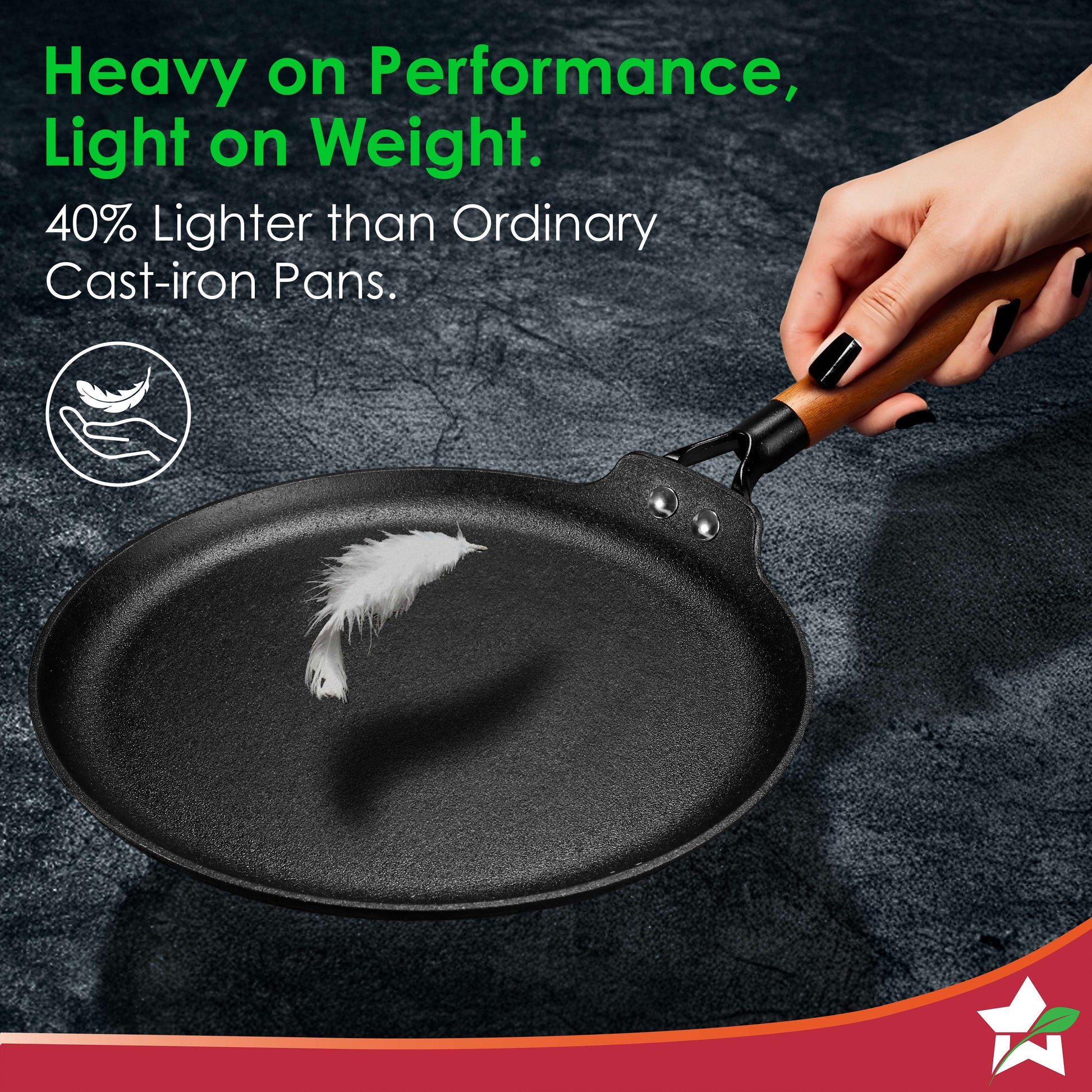 Ferro Light-weight Cast-iron Dosa Tawa, 26cm, 40% Lighter, Pre-seasoned with 100% Vegetable Oil, Non-toxic, Chemical-free, Induction-friendly, Long Cool-touch Wood Handles, 10-Yr Warranty