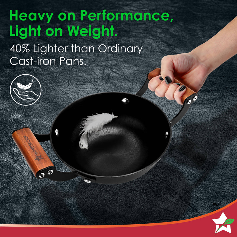 Pre-Seasoned Ferro Light 24cm Kadhai | 2.3L | Acacia Wooden Handles | Gravity Moulding Technology | No Chemical Coating |10 Year Warranty