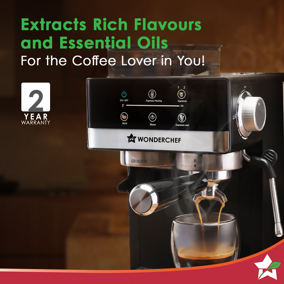 Wonderchef Regalia Bean to Cup 20 Bar Coffee Maker with Built-in Grinder | Espresso, Cappuccino, Latte, Mocha, Cold Coffee |Adjustable Grinding |Adjustable Milk Frothing Steamer | Metal Porta Filter | 2 Thermostats | 1.5L Water Tank |1200W-4