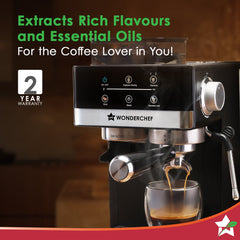Wonderchef Regalia Bean to Cup 20 Bar Coffee Maker with Built-in Grinder | Espresso, Cappuccino, Latte, Mocha, Cold Coffee |Adjustable Grinding |Adjustable Milk Frothing Steamer | Metal Porta Filter | 2 Thermostats | 1.5L Water Tank |1200W-4