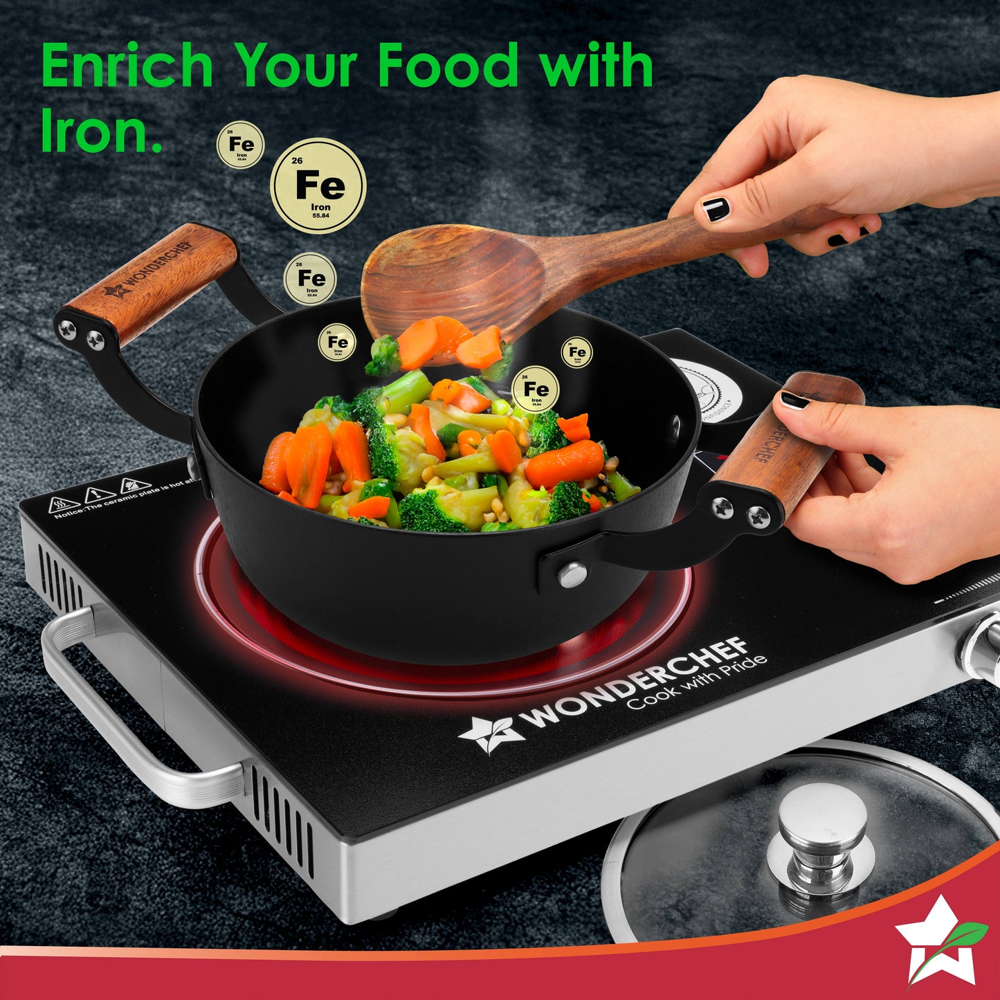 Ferro Light-weight Cast-iron Casserole & Glass Lid, 24cm, 40% Lighter, Pre-seasoned with 100% Vegetable Oil, Chemical-free, Induction-friendly, Long Cool-touch Wood Handles, 10-Yr Warranty