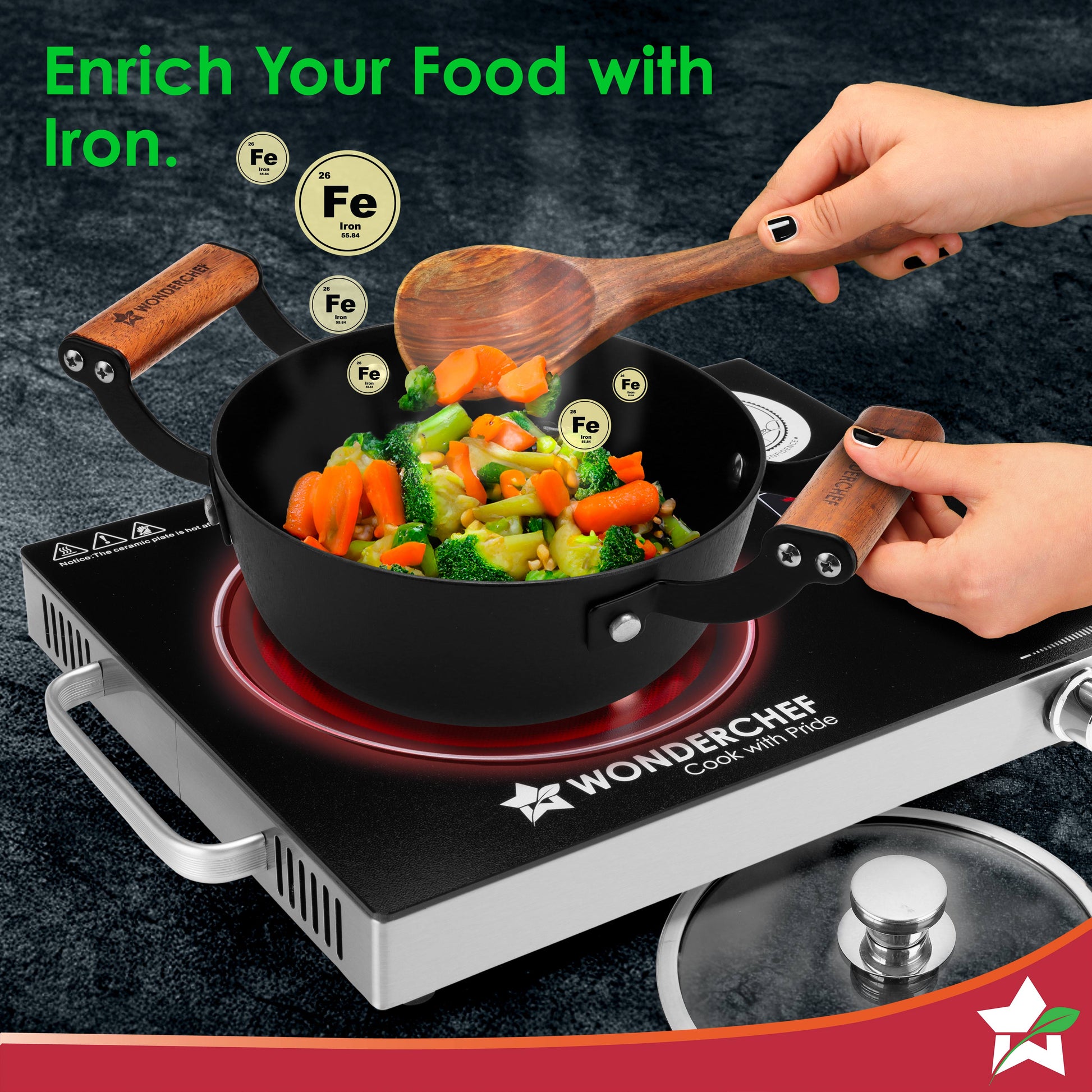 Ferro Light-weight Cast-iron Casserole & Glass Lid, 24cm, 40% Lighter, Pre-seasoned with 100% Vegetable Oil, Chemical-free, Induction-friendly, Long Cool-touch Wood Handles, 10-Yr Warranty