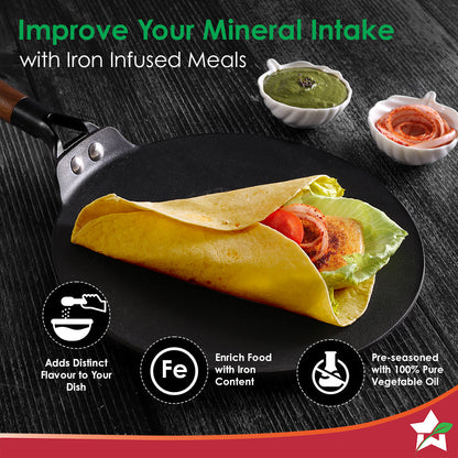 Ferro Light-weight Cast-iron Roti Tawa | 26cm | Pre-seasoned with 100% Vegetable Oil | 40% Lighter than Regular Cast-iron Cookware | Cool-touch Real Acacia Wood Handles | 10-Year Warranty