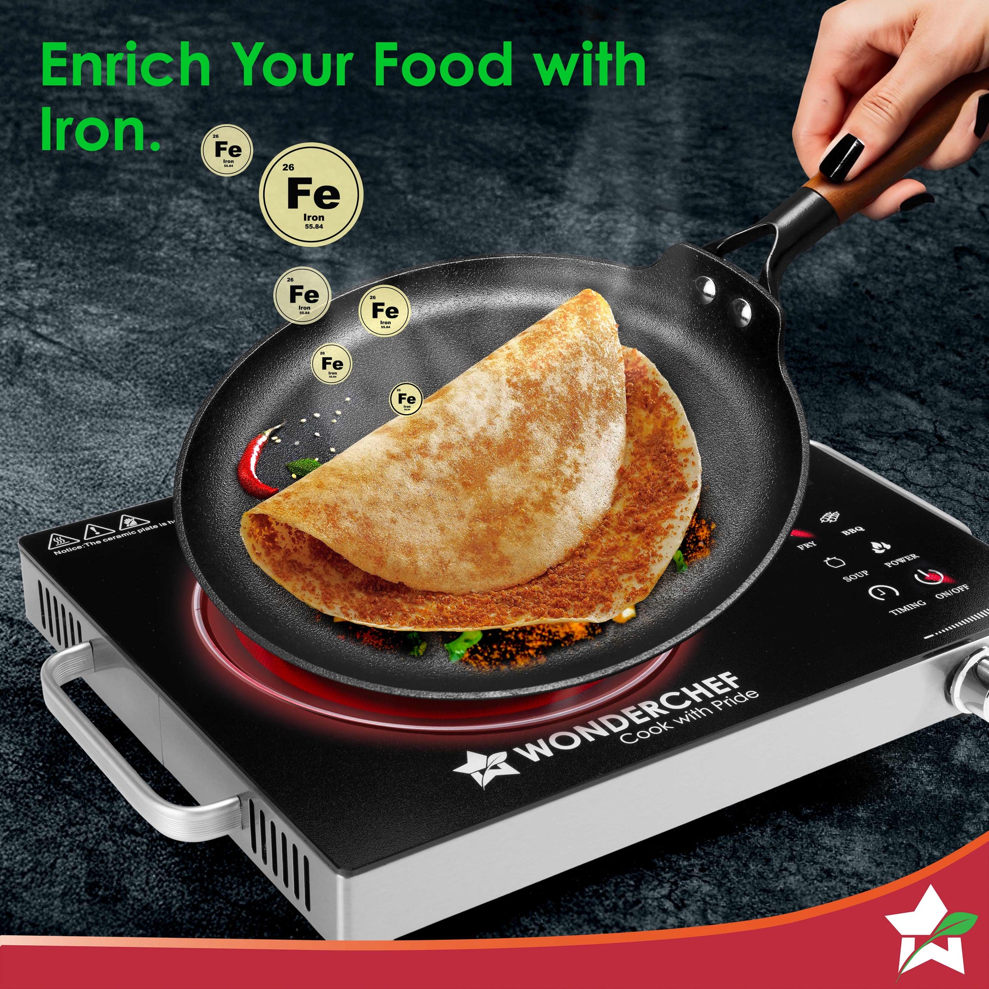 Ferro Light-weight Cast-iron Dosa Tawa, 26cm, 40% Lighter, Pre-seasoned with 100% Vegetable Oil, Non-toxic, Chemical-free, Induction-friendly, Long Cool-touch Wood Handles, 10-Yr Warranty