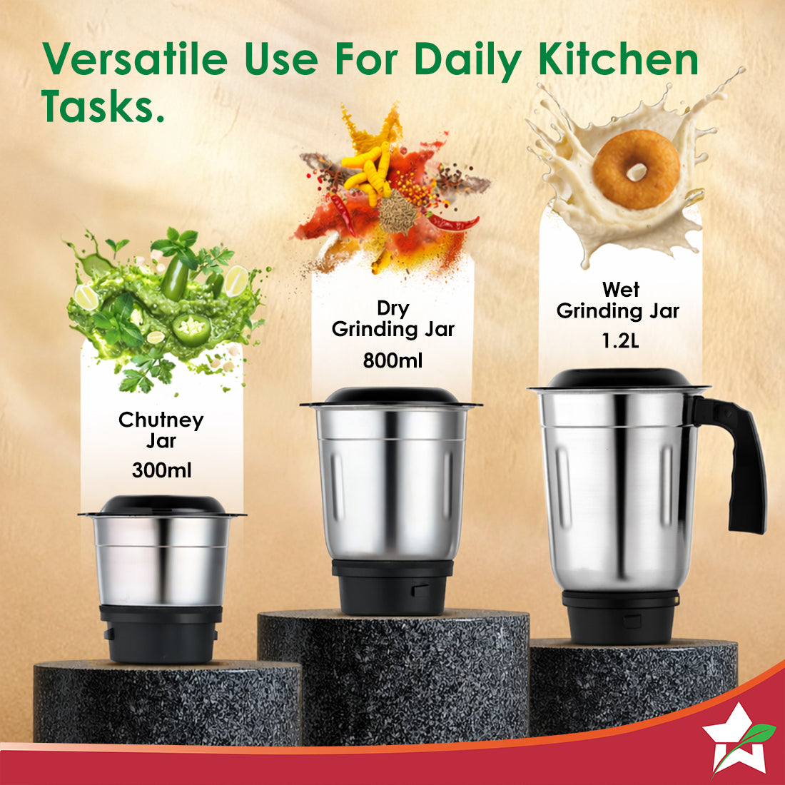Wonderchef Vista Plus Mixer Grinder for Kitchen, 500W, 3 Multi-purpose Jars, Stainless-steel Blades for Masala, Chutney,