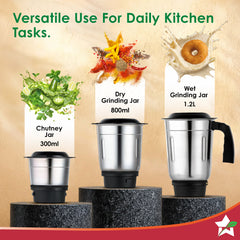 Wonderchef Vista Plus Mixer Grinder for Kitchen, 500W, 3 Multi-purpose Jars, Stainless-steel Blades for Masala, Chutney,