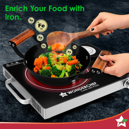 Ferro Light-weight Cast-iron Kadhai | 20cm | Pre-seasoned with 100% Vegetable Oil | 40% Lighter than Regular Cast-iron Cookware | Cool-touch Real Acacia Wood Handles | 10-Year Warranty