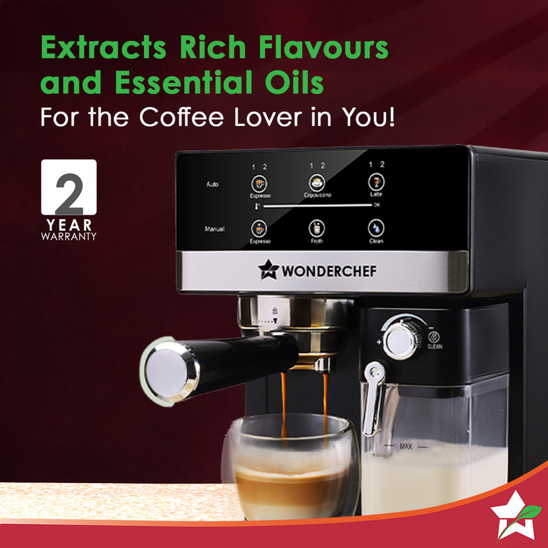 Wonderchef Regalia Automatic 20 Bar Coffee Maker with Auto Frother | Espresso, Cappuccino, Latte, Mocha | Built-in Milk 