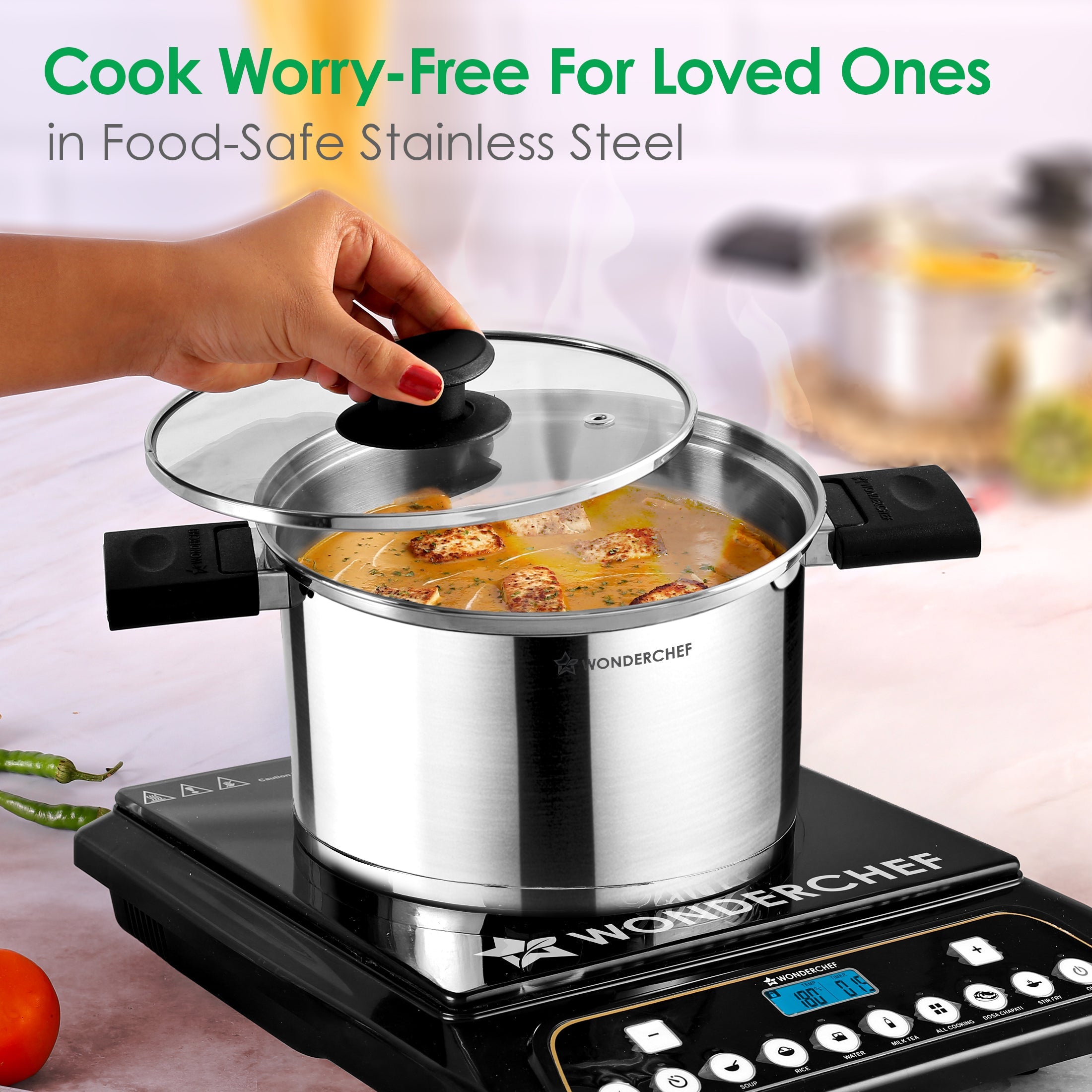 Click and Cook Stainless Steel Casserole 2 Pc Set | 3 L, 1 L | Unique Foldable Cool-touch Handles | Tri-ply Bottom | Glass Lid with Steam Vent | Induction and Gas Cooktop Friendly