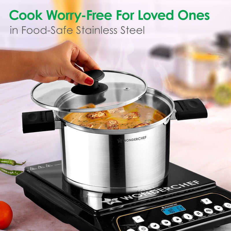 Click and Cook Stainless Steel Casserole 2 Pc Set | 3 L, 1 L | Unique Foldable Cool-touch Handles | Tri-ply Bottom | Glass Lid with Steam Vent | Induction and Gas Cooktop Friendly