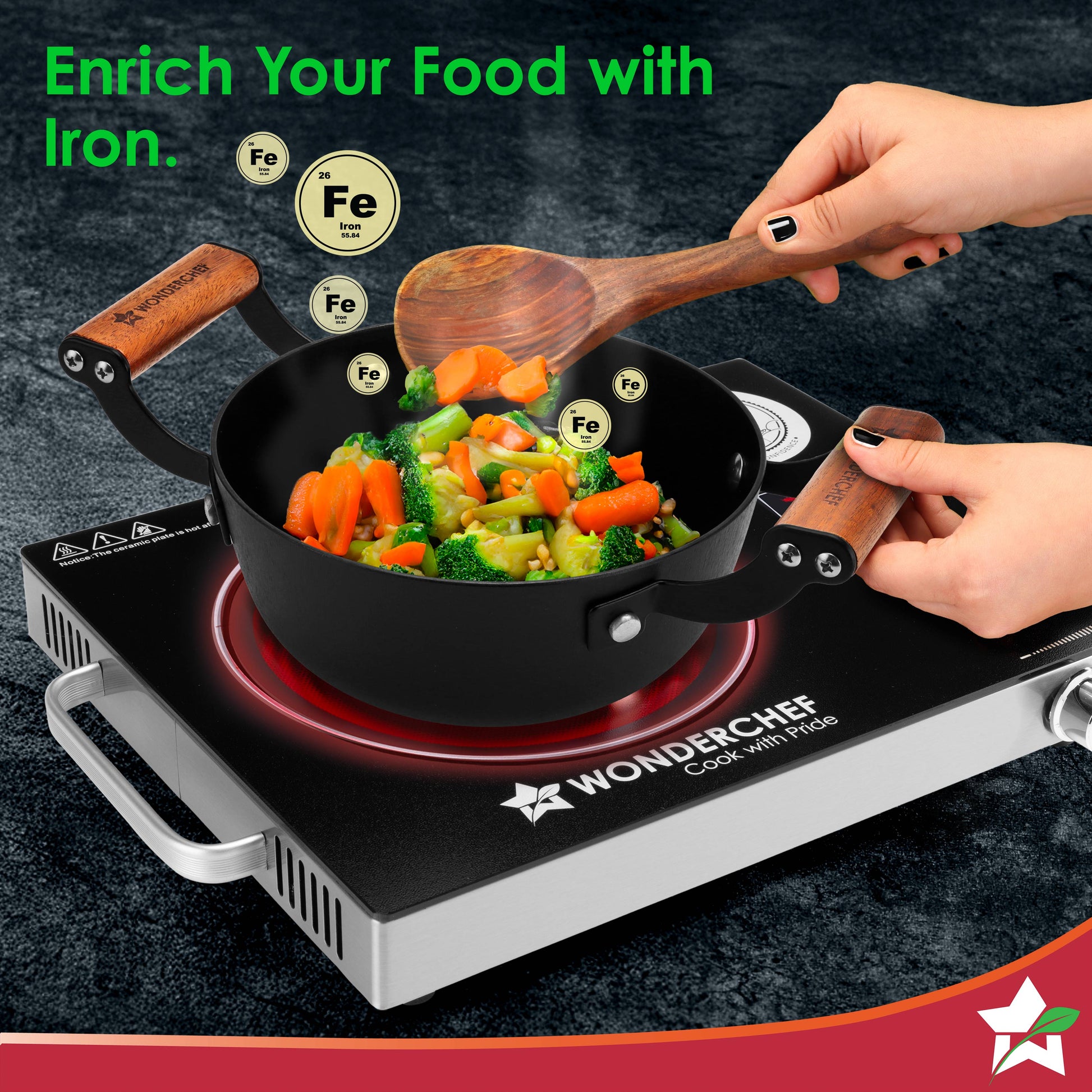 Ferro Light-weight Cast-iron Deep Kadhai, 20cm, 40% Lighter, Pre-seasoned with 100% Vegetable Oil, Non-toxic, Chemical-free, Induction-friendly, Long Cool-touch Wood Handles, 10-Yr Warranty