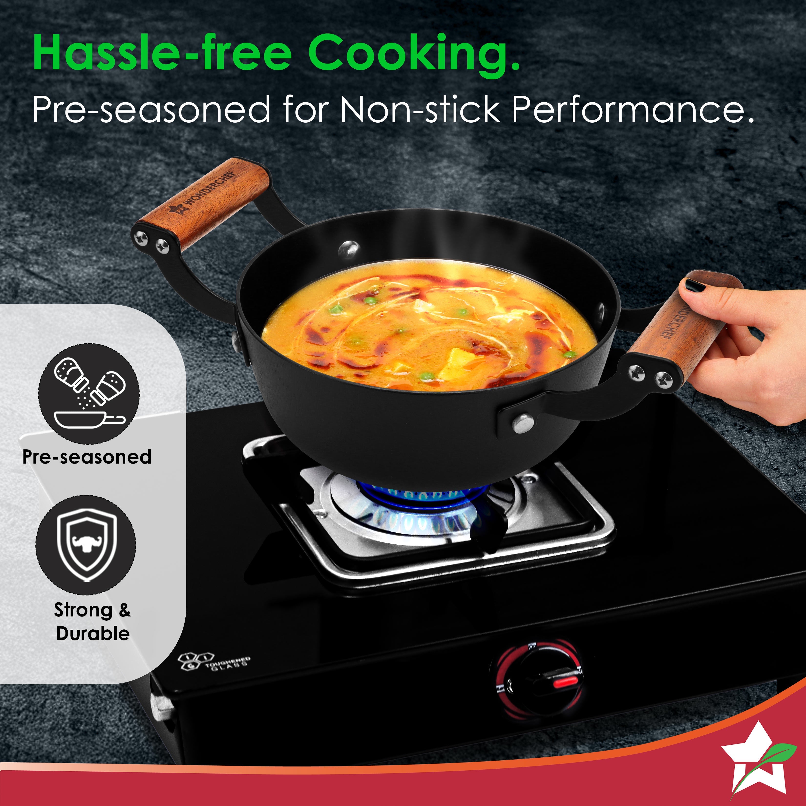 Ferro Light-weight Cast-iron Deep Kadhai, 18cm, 40% Lighter, Pre-seasoned with 100% Vegetable Oil, Non-toxic, Chemical-free, Induction-friendly, Long Cool-touch Wood Handles, 10-Yr Warranty