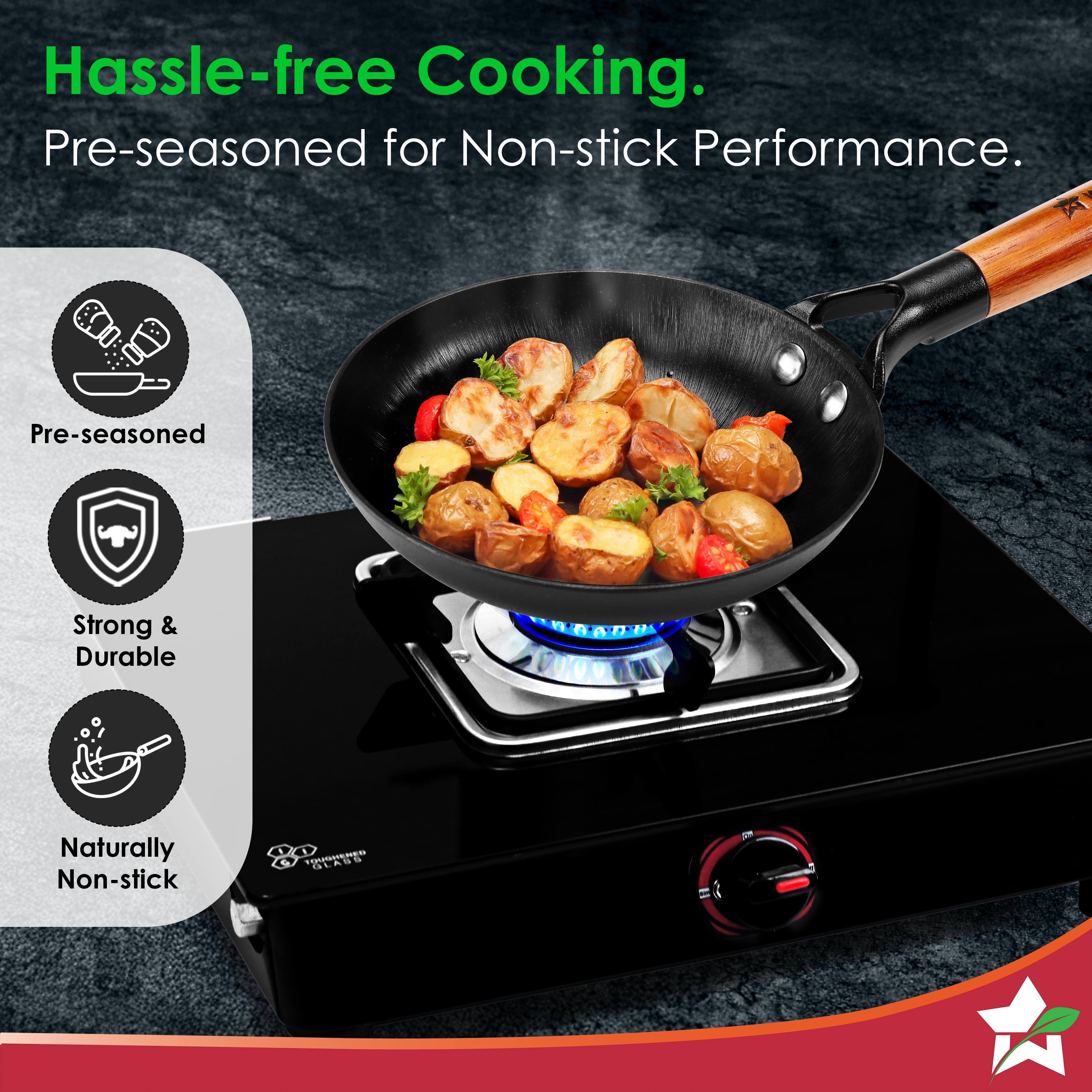 Pre-Seasoned Ferro Light 20cm Cast Iron Fry Pan | 800 ml | Acacia Wooden Handles | Gravity Moulding Technology | No Chemical Coating | 10 Year Warranty