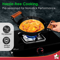 Pre-Seasoned Ferro Light 24cm Kadhai | 2.3L | Acacia Wooden Handles | Gravity Moulding Technology | No Chemical Coating |10 Year Warranty