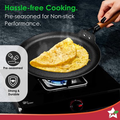 Ferro Light-weight Cast-iron Dosa Tawa, 26cm, 40% Lighter, Pre-seasoned with 100% Vegetable Oil, Non-toxic, Chemical-free, Induction-friendly, Long Cool-touch Wood Handles, 10-Yr Warranty