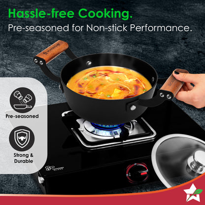 Ferro Light-weight Cast-iron Casserole & Glass Lid, 24cm, 40% Lighter, Pre-seasoned with 100% Vegetable Oil, Chemical-free, Induction-friendly, Long Cool-touch Wood Handles, 10-Yr Warranty