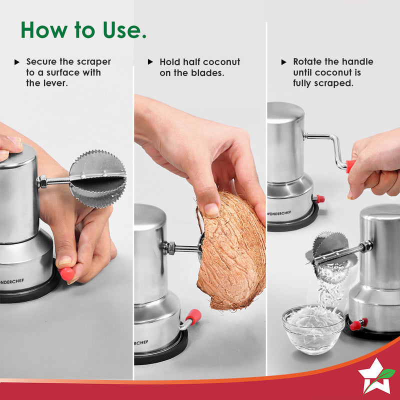 Wonderchef Stainless Steel Coconut Scraper for Kitchen, Vacuum Base, Rotatable Handle, Manual Operation, Silver
