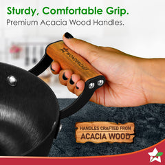 Pre-Seasoned Ferro Light 28cm Kadhai | 3.2L | Acacia Wooden Handles | Gravity Moulding Technology | No Chemical Coating |10 Year Warranty
