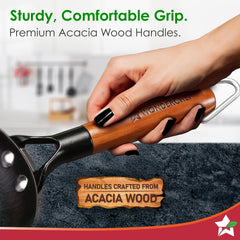 Ferro Light-weight Cast-iron Fry Pan, 16cm, 40% Lighter, Pre-seasoned with 100% Vegetable Oil, Non-toxic, Chemical-free, Induction-friendly, Long Cool-touch Wood Handles, 10-Yr Warranty