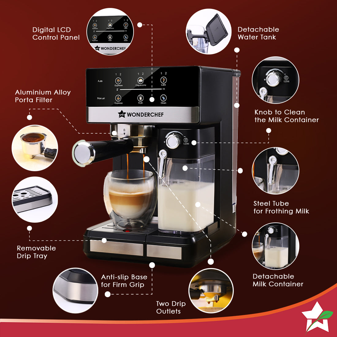 Wonderchef Regalia Automatic 20 Bar Coffee Maker with Auto Frother | Espresso, Cappuccino, Latte, Mocha | Built-in Milk 