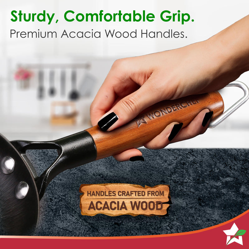 Pre-Seasoned Ferro Light 20cm Cast Iron Fry Pan | 800 ml | Acacia Wooden Handles | Gravity Moulding Technology | No Chemical Coating | 10 Year Warranty