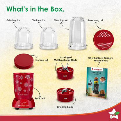 Nutri-blend Snowflakes 500W Mixer Grinder, 22000 RPM, Smoothie Maker-Masala-Chutney Grinder, 3 Unbreakable Jars, Limited Edition, Recipe Book by Chef Sanjeev Kapoor, 2 Yr Warranty, Red