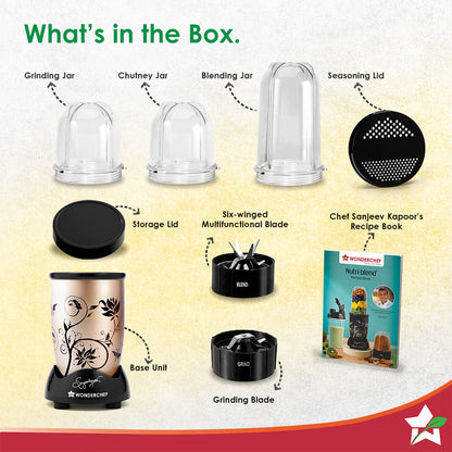 Nutri-blend 500W Mixer Grinder, 22000 RPM Motor, Smoothie Maker, Masala Grinder, Chutney Blender, 3 Unbreakable Jars, Recipe Book by Chef Sanjeev Kapoor, 2 Yr Warranty, Champagne