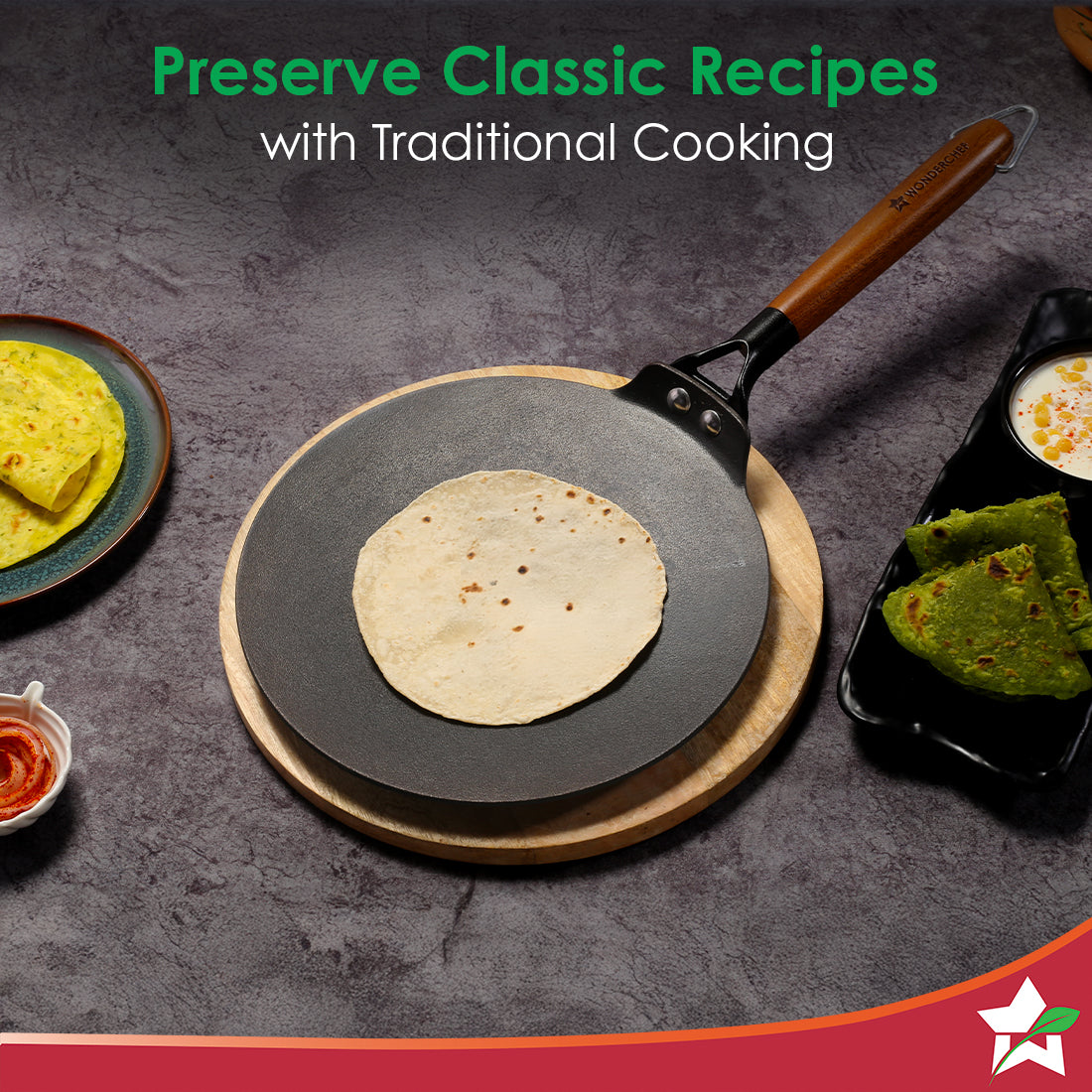 Ferro Light-weight Cast-iron Roti Tawa | 26cm | Pre-seasoned with 100% Vegetable Oil | 40% Lighter than Regular Cast-iron Cookware | Cool-touch Real Acacia Wood Handles | 10-Year Warranty