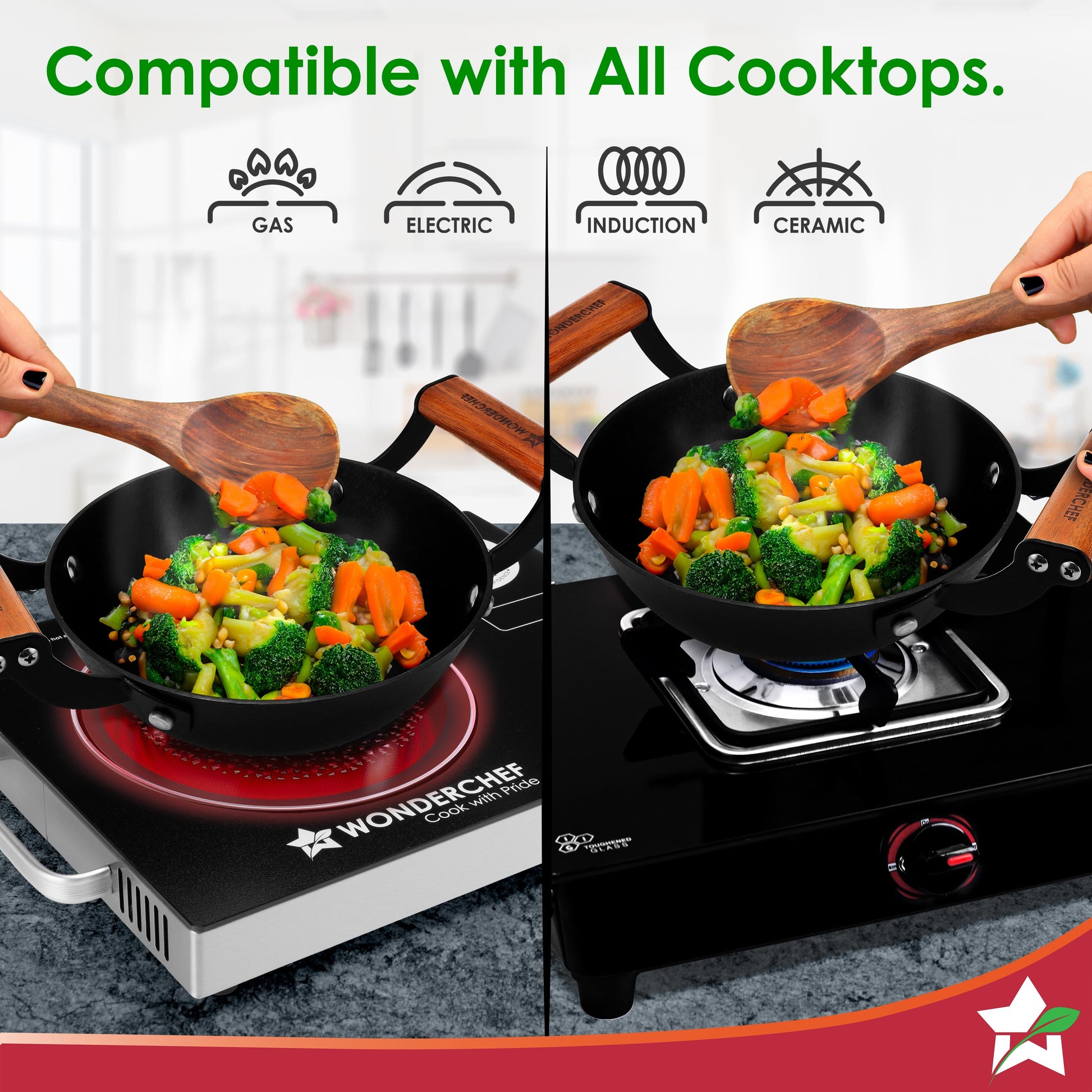 Ferro Light-weight Cast-iron Kadhai | 20cm | Pre-seasoned with 100% Vegetable Oil | 40% Lighter than Regular Cast-iron Cookware | Cool-touch Real Acacia Wood Handles | 10-Year Warranty