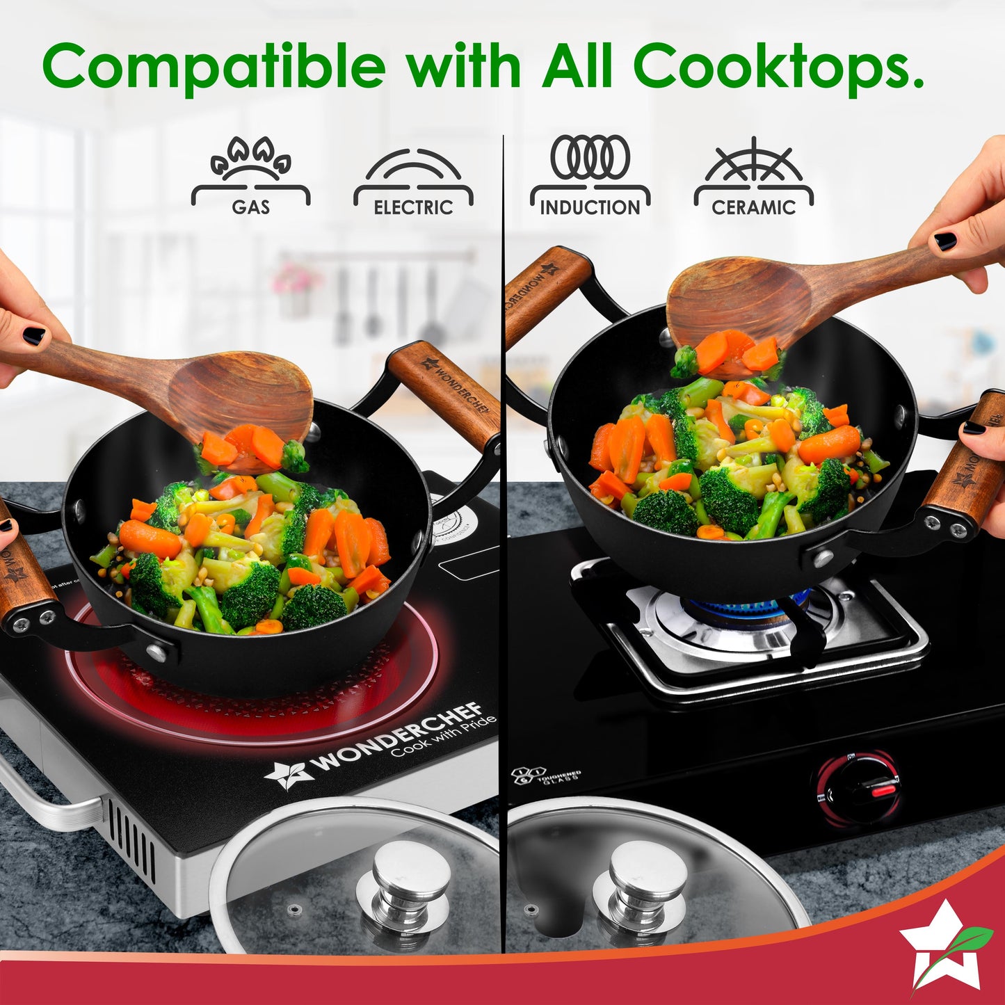 Ferro Light-weight Cast-iron Casserole & Glass Lid, 24cm, 40% Lighter, Pre-seasoned with 100% Vegetable Oil, Chemical-free, Induction-friendly, Long Cool-touch Wood Handles, 10-Yr Warranty