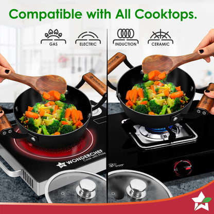 Ferro Light-weight Cast-iron Casserole & Glass Lid, 24cm, 40% Lighter, Pre-seasoned with 100% Vegetable Oil, Chemical-free, Induction-friendly, Long Cool-touch Wood Handles, 10-Yr Warranty