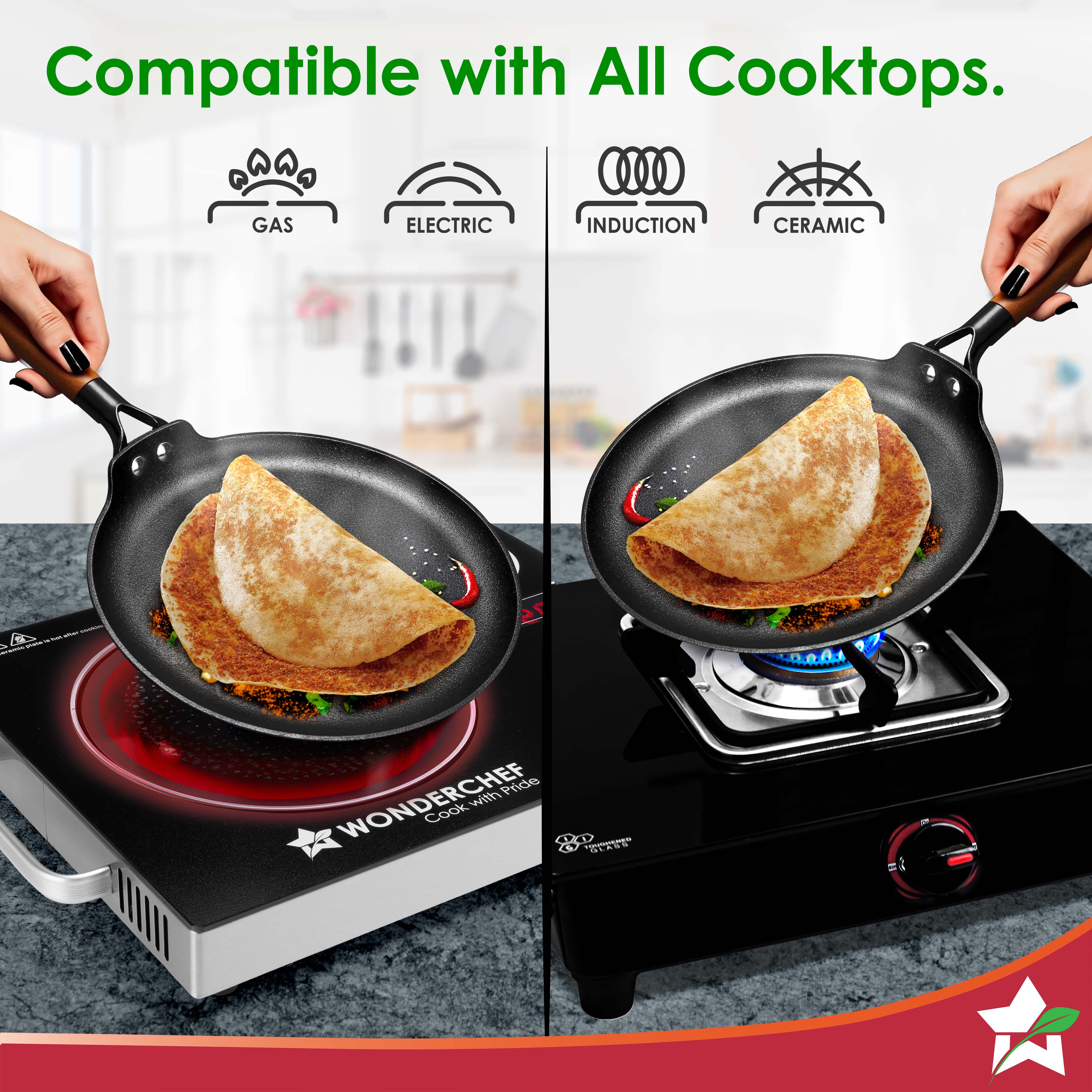 Ferro Light-weight Cast-iron Dosa Tawa, 26cm, 40% Lighter, Pre-seasoned with 100% Vegetable Oil, Non-toxic, Chemical-free, Induction-friendly, Long Cool-touch Wood Handles, 10-Yr Warranty