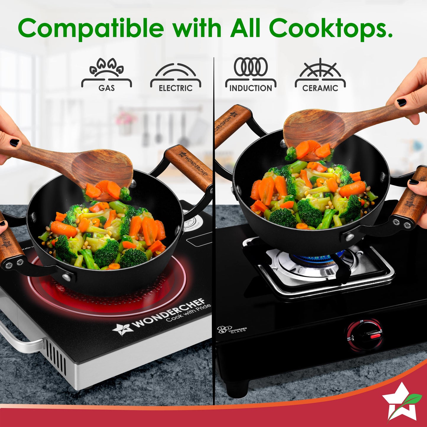 Ferro Light-weight Cast-iron Deep Kadhai, 20cm, 40% Lighter, Pre-seasoned with 100% Vegetable Oil, Non-toxic, Chemical-free, Induction-friendly, Long Cool-touch Wood Handles, 10-Yr Warranty