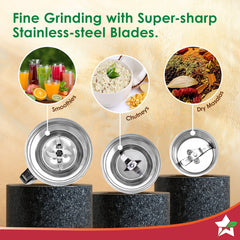 Wonderchef Vista Plus Mixer Grinder for Kitchen, 500W, 3 Multi-purpose Jars, Stainless-steel Blades for Masala, Chutney,