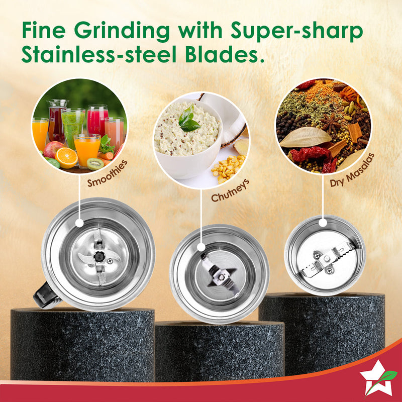 Wonderchef Vista Plus Mixer Grinder for Kitchen, 500W, 3 Multi-purpose Jars, Stainless-steel Blades for Masala, Chutney,