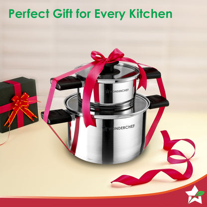 Click and Cook Stainless Steel Casserole 2 Pc Set | 3 L, 1 L | Unique Foldable Cool-touch Handles | Tri-ply Bottom | Glass Lid with Steam Vent | Induction and Gas Cooktop Friendly