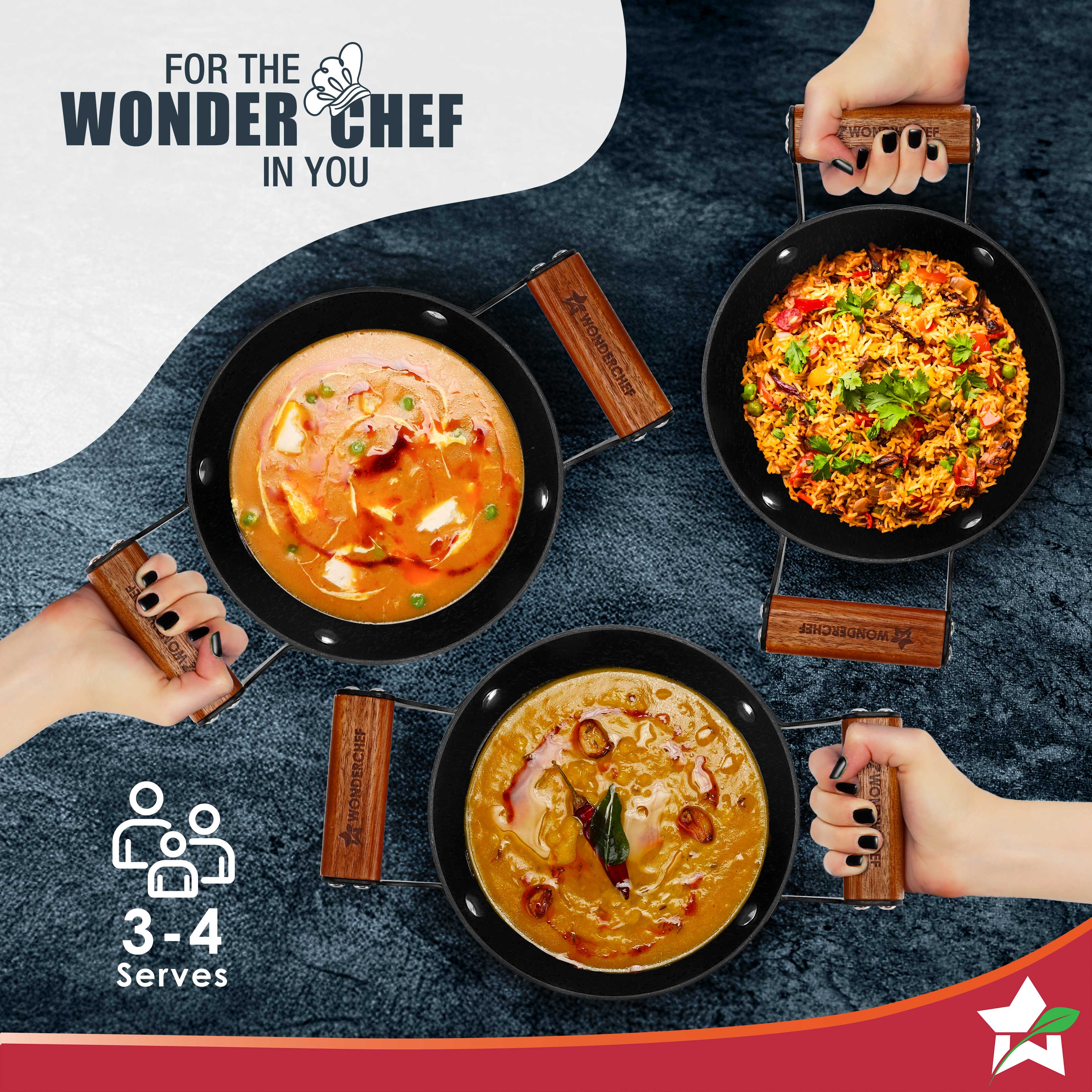 Ferro Light-weight Cast-iron Deep Kadhai, 20cm, 40% Lighter, Pre-seasoned with 100% Vegetable Oil, Non-toxic, Chemical-free, Induction-friendly, Long Cool-touch Wood Handles, 10-Yr Warranty