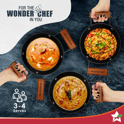 Ferro Light-weight Cast-iron Deep Kadhai, 20cm, 40% Lighter, Pre-seasoned with 100% Vegetable Oil, Non-toxic, Chemical-free, Induction-friendly, Long Cool-touch Wood Handles, 10-Yr Warranty