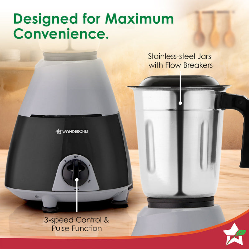 Wonderchef Vista Plus Mixer Grinder for Kitchen, 500W, 3 Multi-purpose Jars, Stainless-steel Blades for Masala, Chutney,